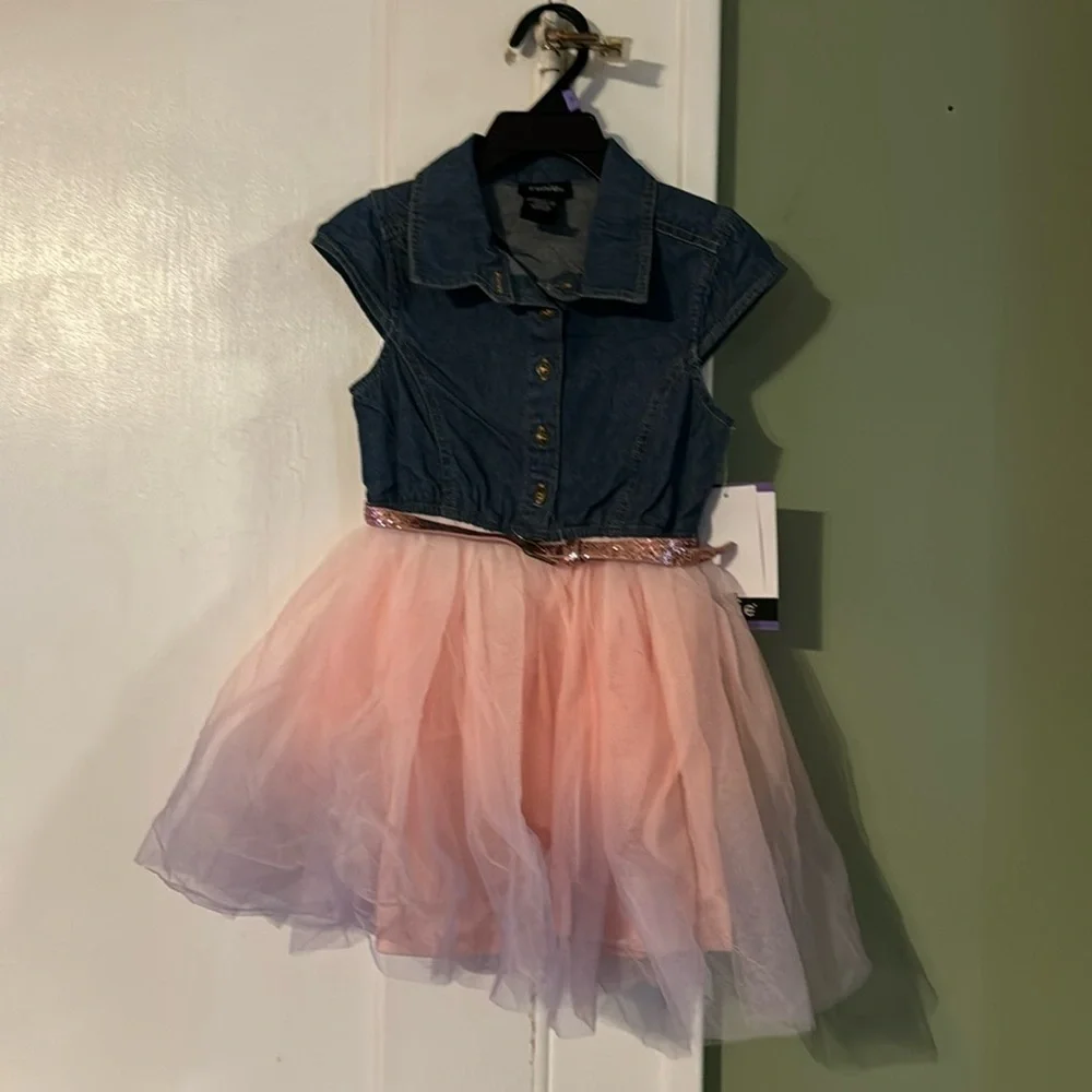 Zunie Kids' Dress size 4 Jean connected Top with Mesh Skirt & Pink Glitter Belt