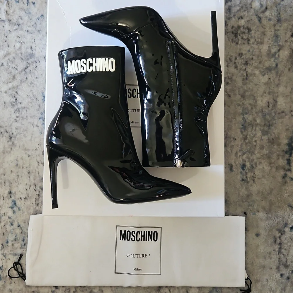 Moschino Patent Leather Pointed Toe Stiletto Boot – Black, 36.5