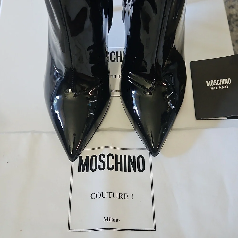 Moschino Patent Leather Pointed Toe Stiletto Boot – Black, 36.5