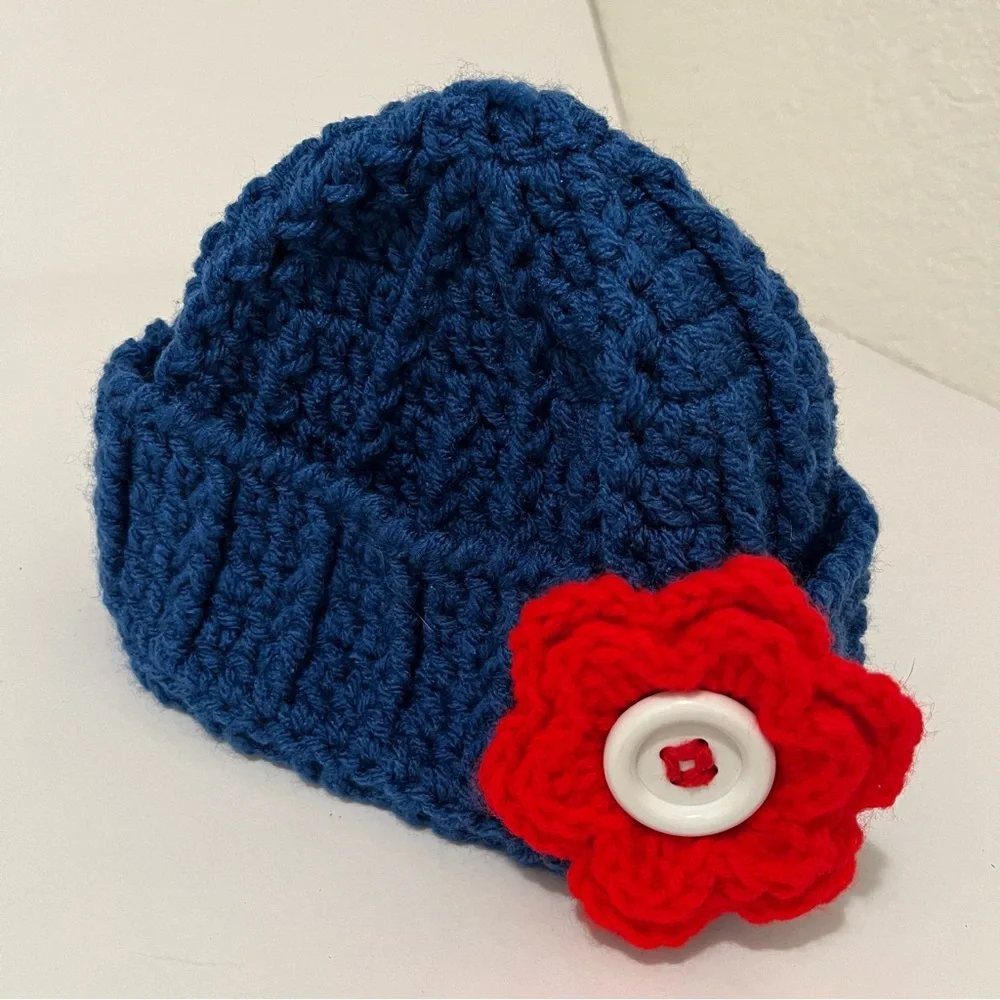 Handmade Blue Red Flower Floral Button Crochet Beanie Hat One Size