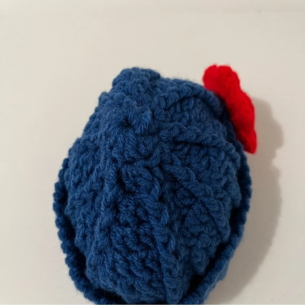 Handmade Blue Red Flower Floral Button Crochet Beanie Hat One Size