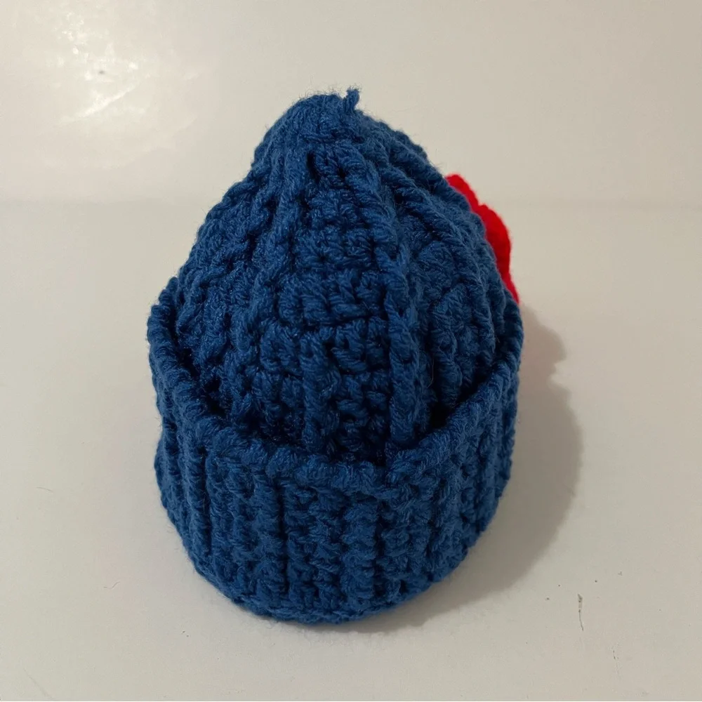 Handmade Blue Red Flower Floral Button Crochet Beanie Hat One Size