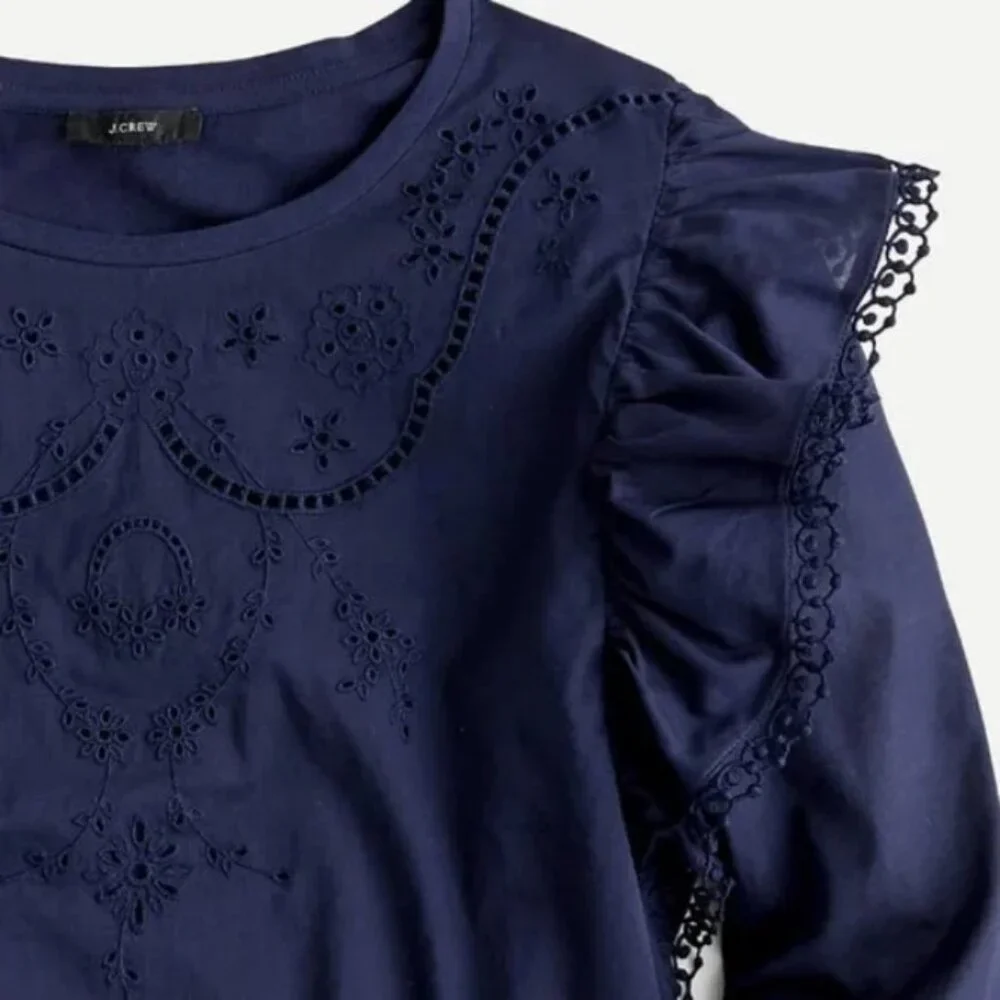 💙 NEW J. Crew Navy Ruffled Eyelet Blouse Top XL