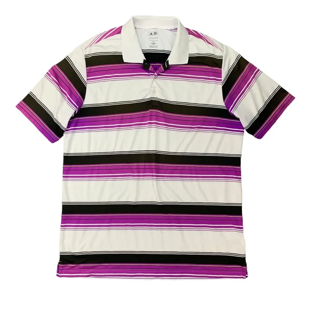 Adidas Golf Shirt Men XL White Purple Stripe Stretch Lightweight Puremotion Polo