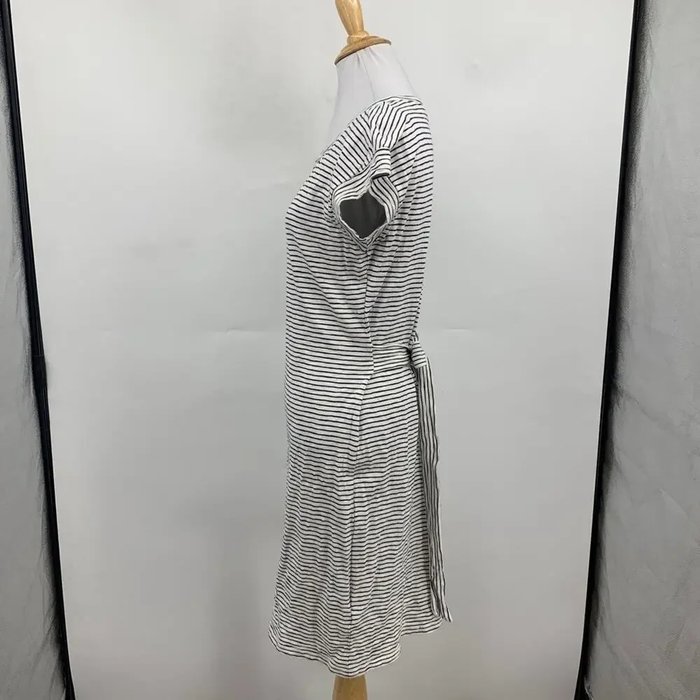 J Crew Dress Womens S Small White Navy Cotton Striped Tie Waist Crew Neck Mini
