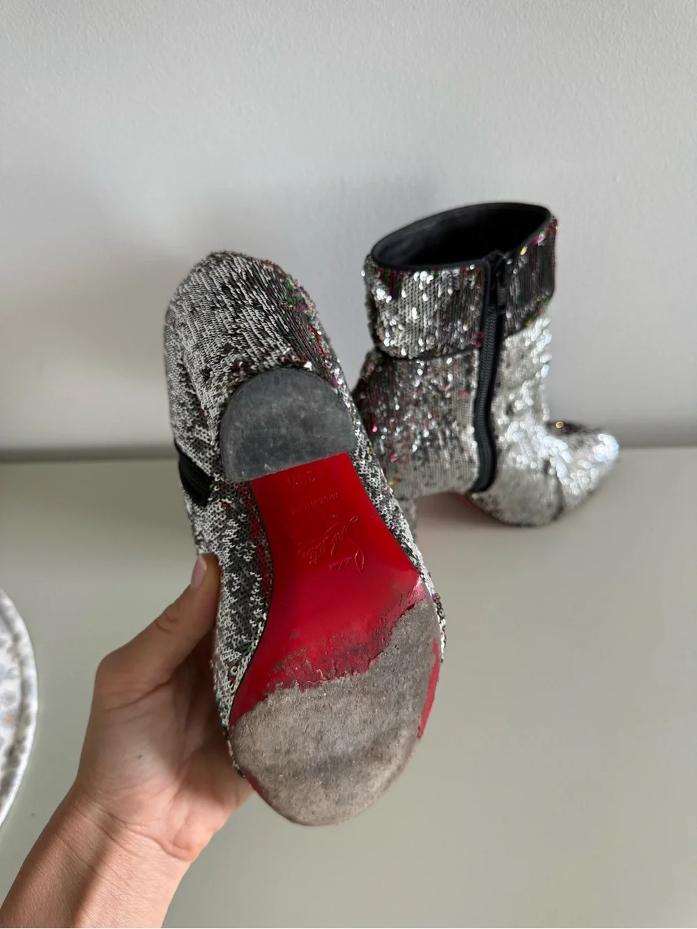 Christian Louboutin Silver Sequin Platform Ankle Boots