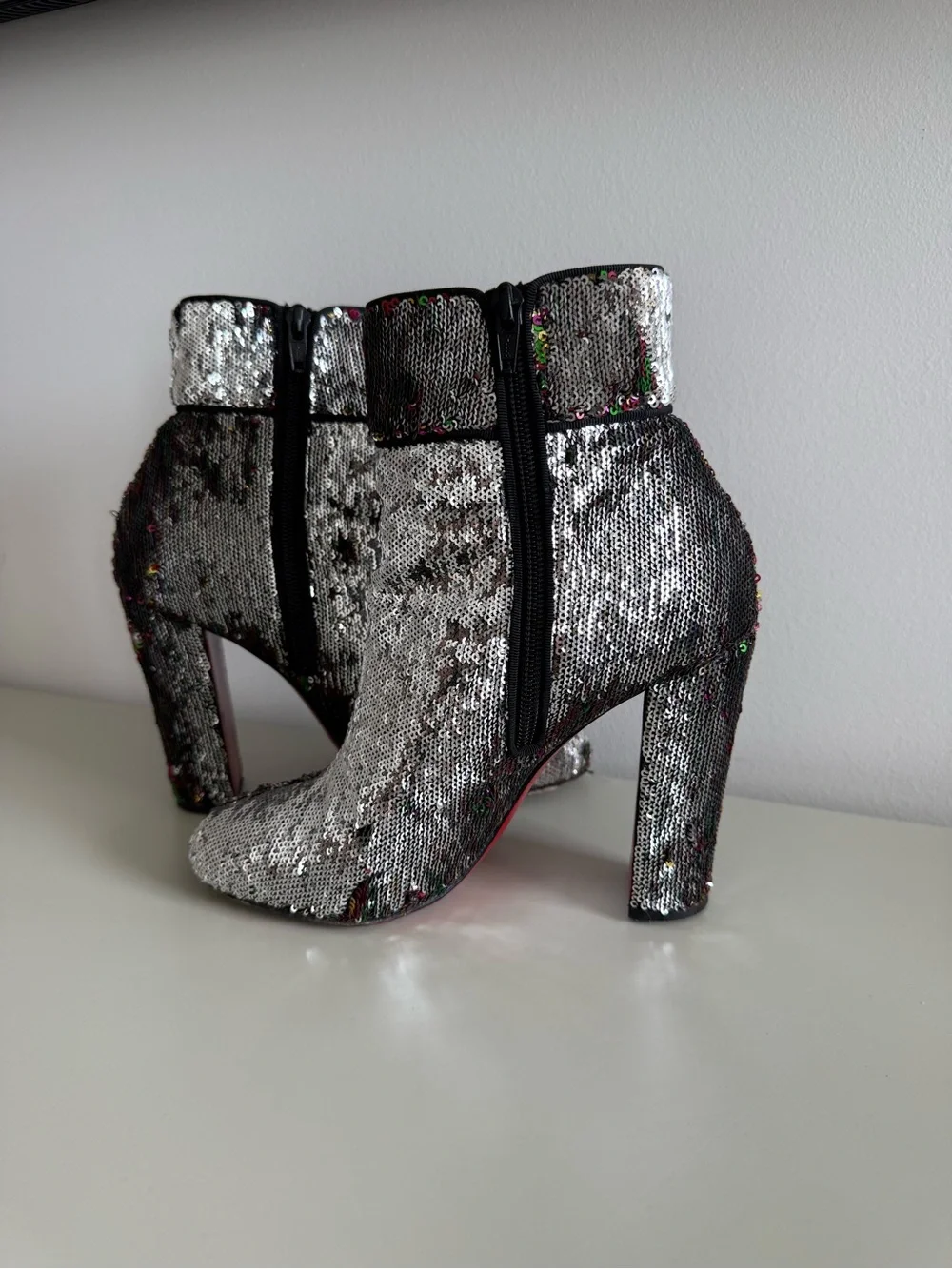 Christian Louboutin Silver Sequin Platform Ankle Boots