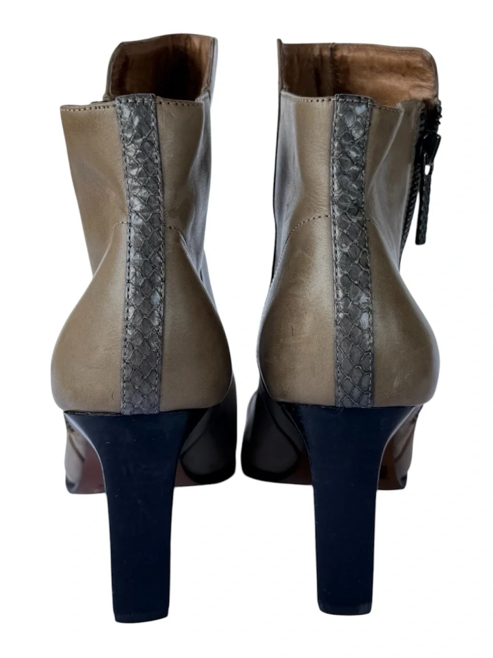 Donald J. Pliner Taupe Leather Ankle Boots with Gray Snake-Print Toe Caps