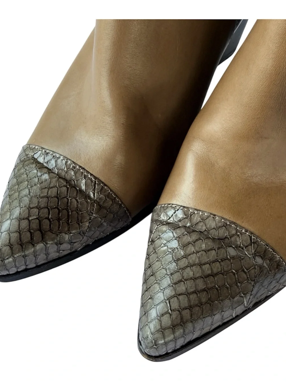 Donald J. Pliner Taupe Leather Ankle Boots with Gray Snake-Print Toe Caps