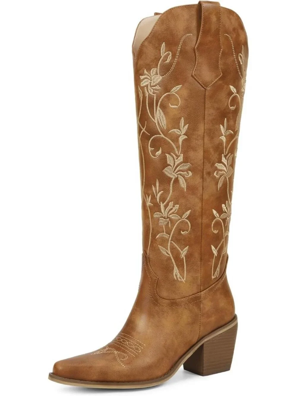 Women's Classic Brown Cowboy Knee High Cowgirl Boots Pointed Toe Chunky Heels
