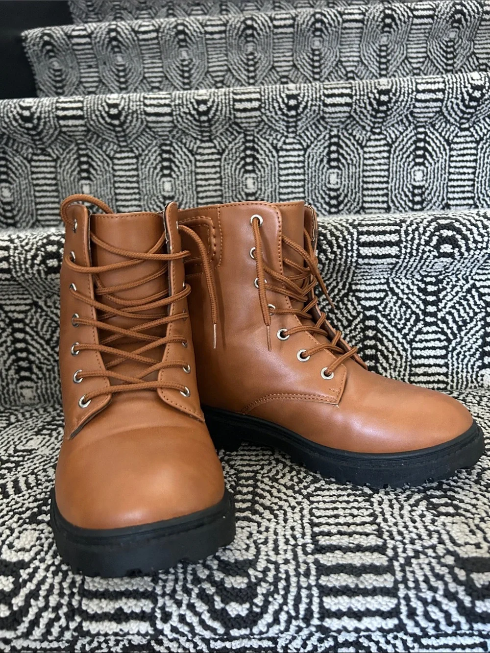 Girls Tan Lace-Up Combat Boots