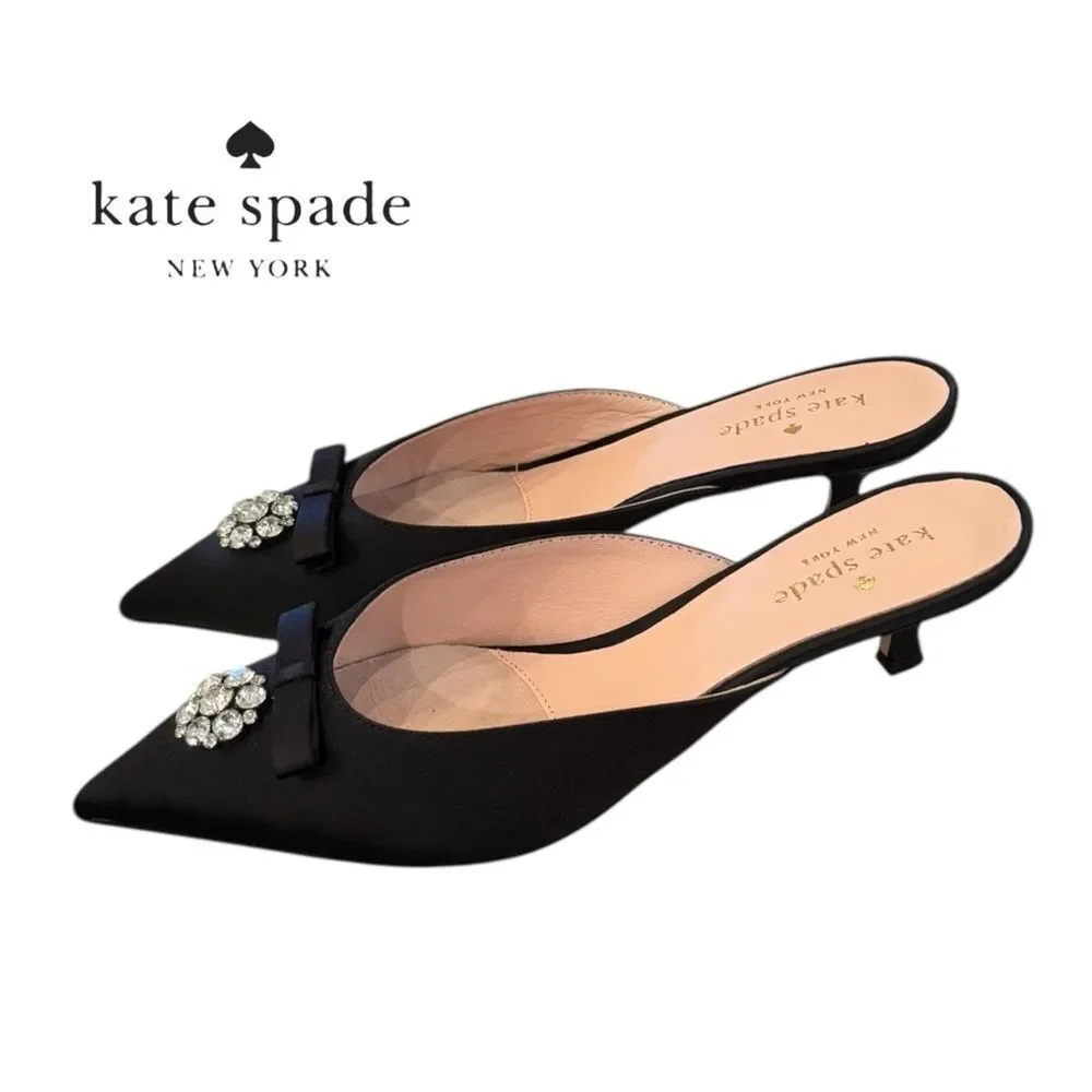 Kate Spade Women's Darlene Black Satin Jewelled Bow Kitten Heel Slide Mules 7.5