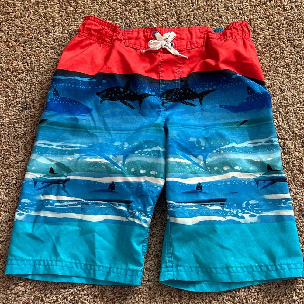 ZeroXposur Boys Red and Blue Shark Wave Swim Trunks