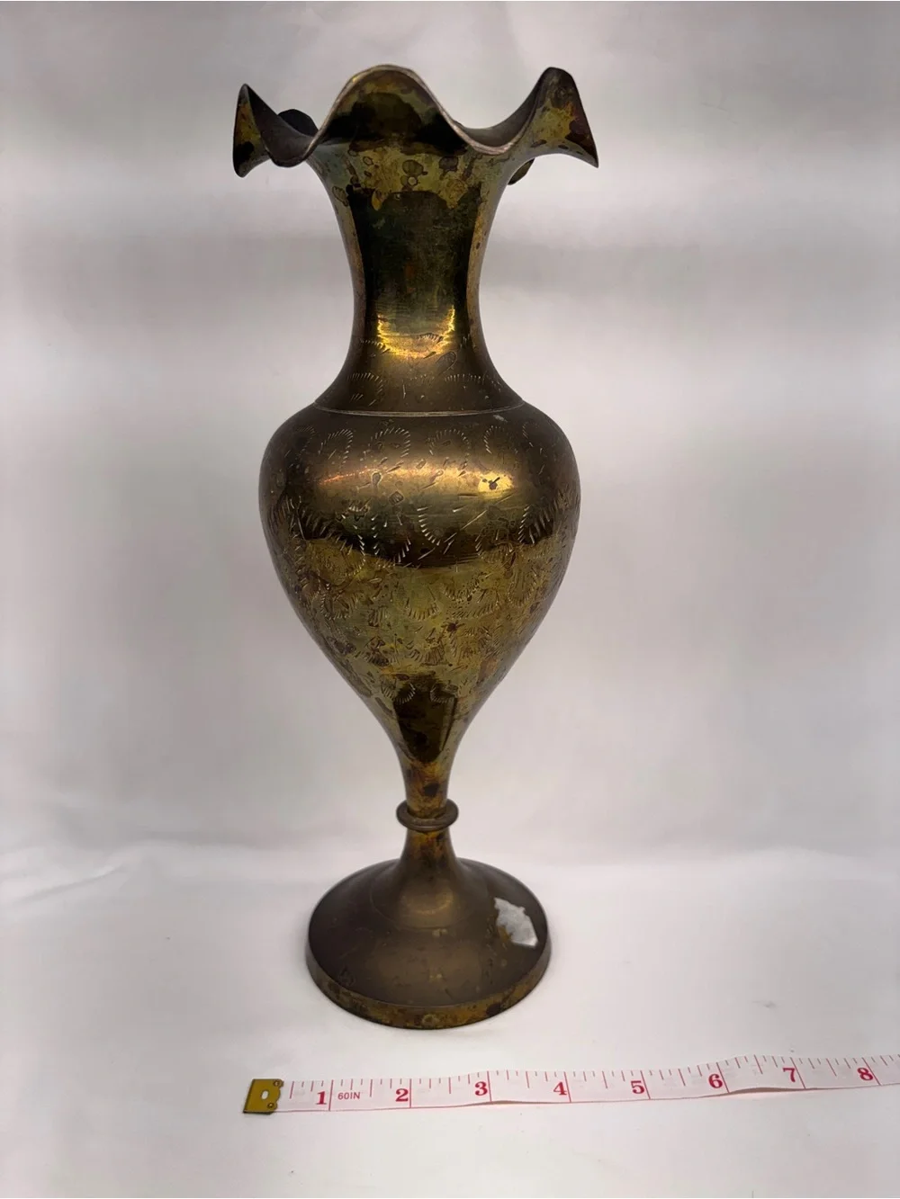 Vintage Etched Brass Vase with Ruffled Fluted Rim – Made in India – 11.5”