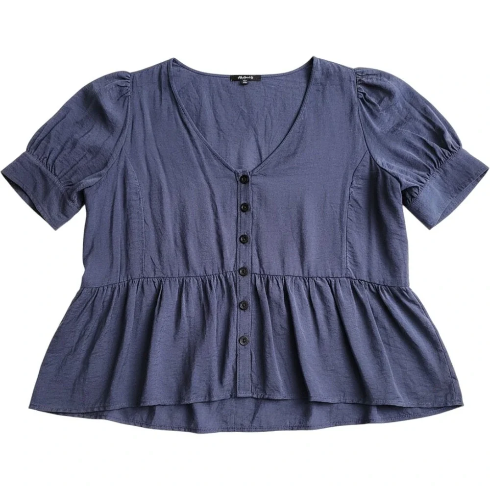 Madewell Women's Blue Button Front Drapeweave puff sleeve XL peplum top Coastal