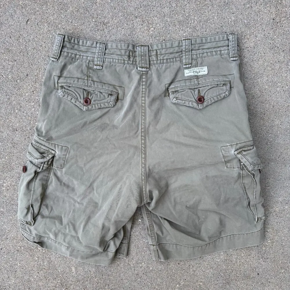 Y2K Polo Ralph Lauren Khaki Tan Olive Paratrooper Cargo Shorts Size 34