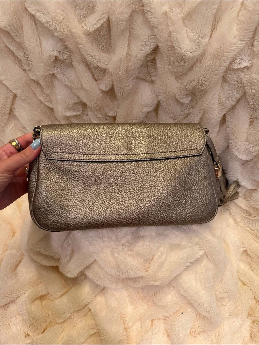 Gucci Metallic Taupe Pebbled Leather Crossbody with Tassel