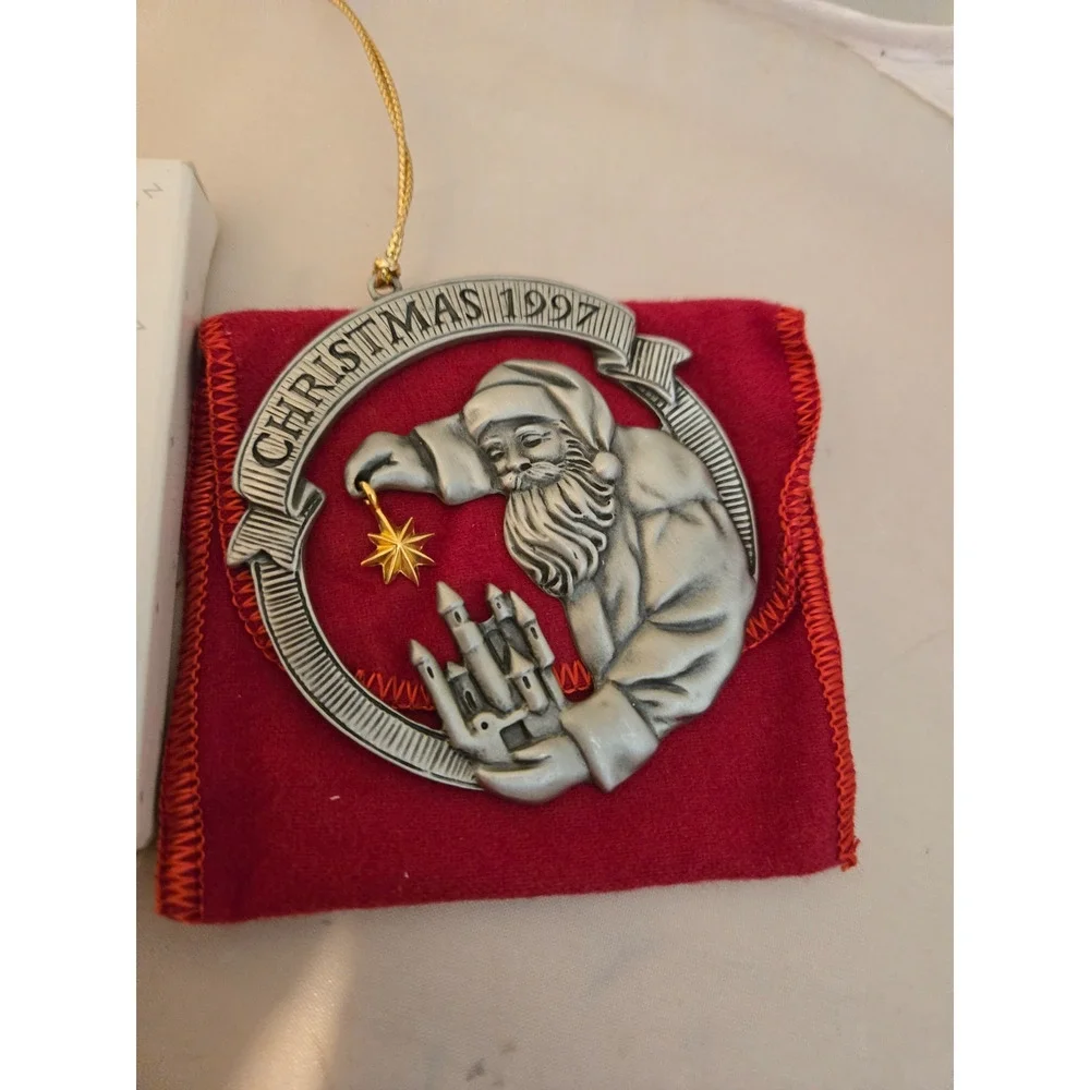 Beautiful Pewter Santa Christmas Ornament Metal 1997 Avon With Box And Bag