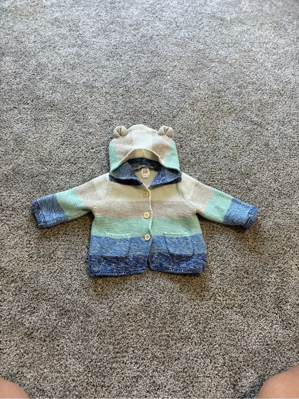 GAP 100% Cotton Striped Hooded Knit Cardigan - Blue, Mint & Cream