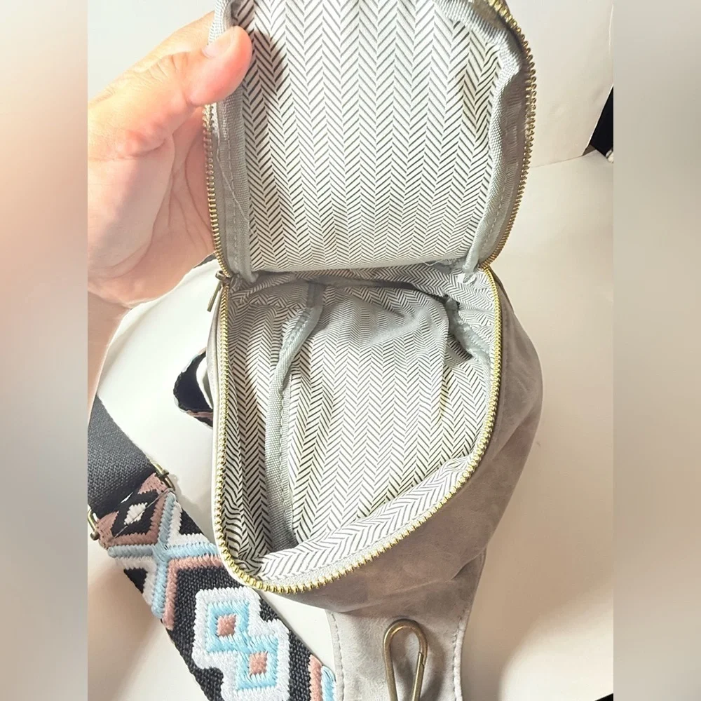 Gray Crossbody Bag with Patterned Strap