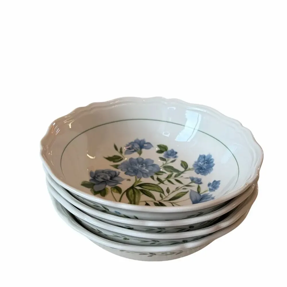 Envogue Blue Floral Salad Bowls 7in Porcelain Set of 4 Scalloped New