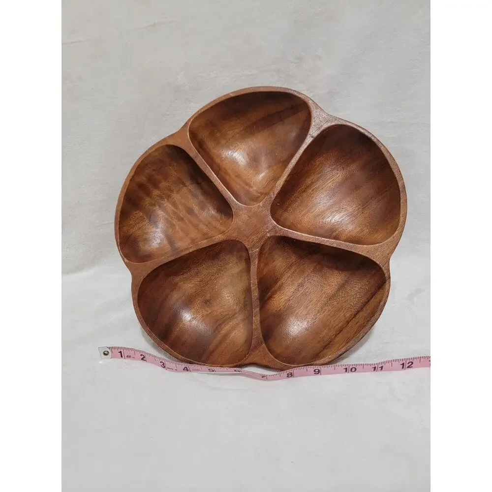 Vintage Monkey Pod Wood Lazy Susan Turntable Flower Shape Pedestal Divided Dish