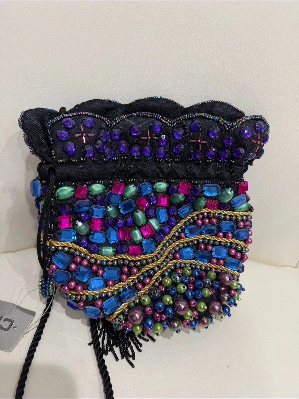 Vintage Chico's  Beaded Black Multicolor Iridescent Drawstring Crossbody Bag
