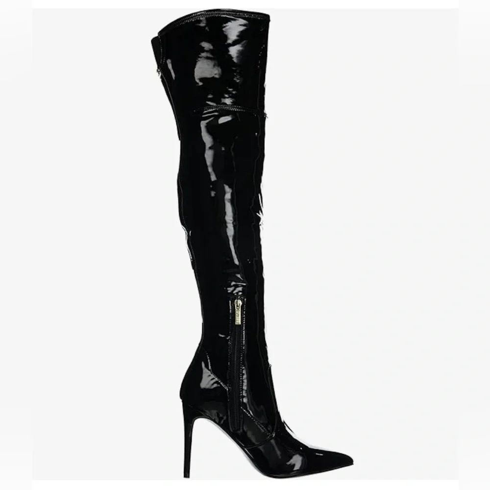 NWOB Guess Bowey Black Patent Stretch Over the Knee Stiletto Boots
