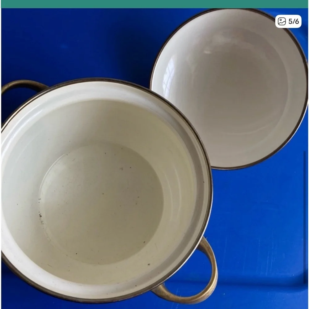 Vintage M. Kamenstien Enamelware Smaller Casserole-Dutch Oven Pot Brass Handles