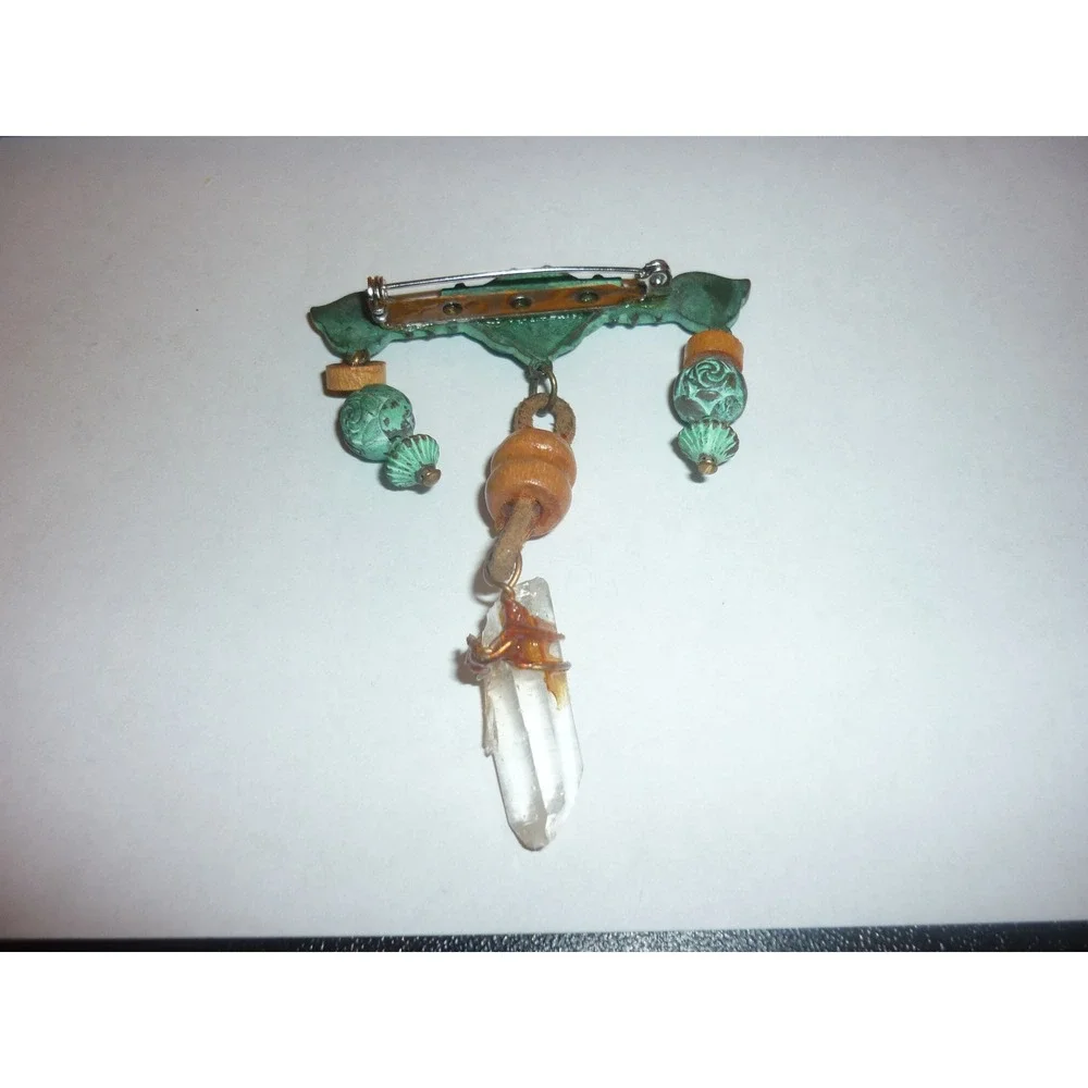 Vintage Southwestern Verdigris Brooch Pin Wire Wrapped Quartz Crystal Point