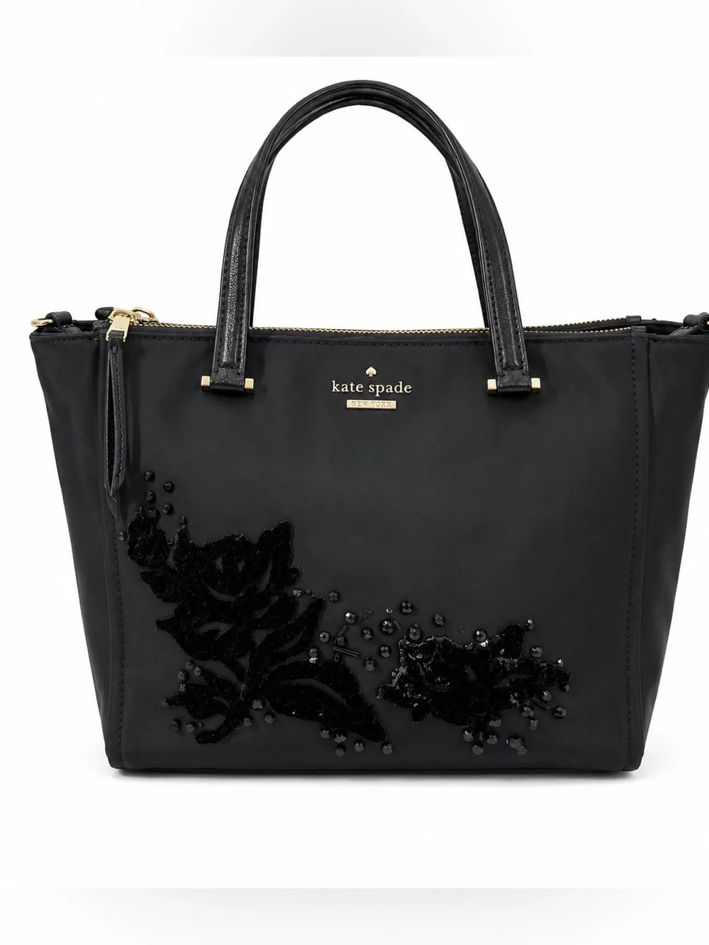 Kate Spade Dawn Black Floral Embellish Nylon Satchel Tote Bag No Shoulder Strap