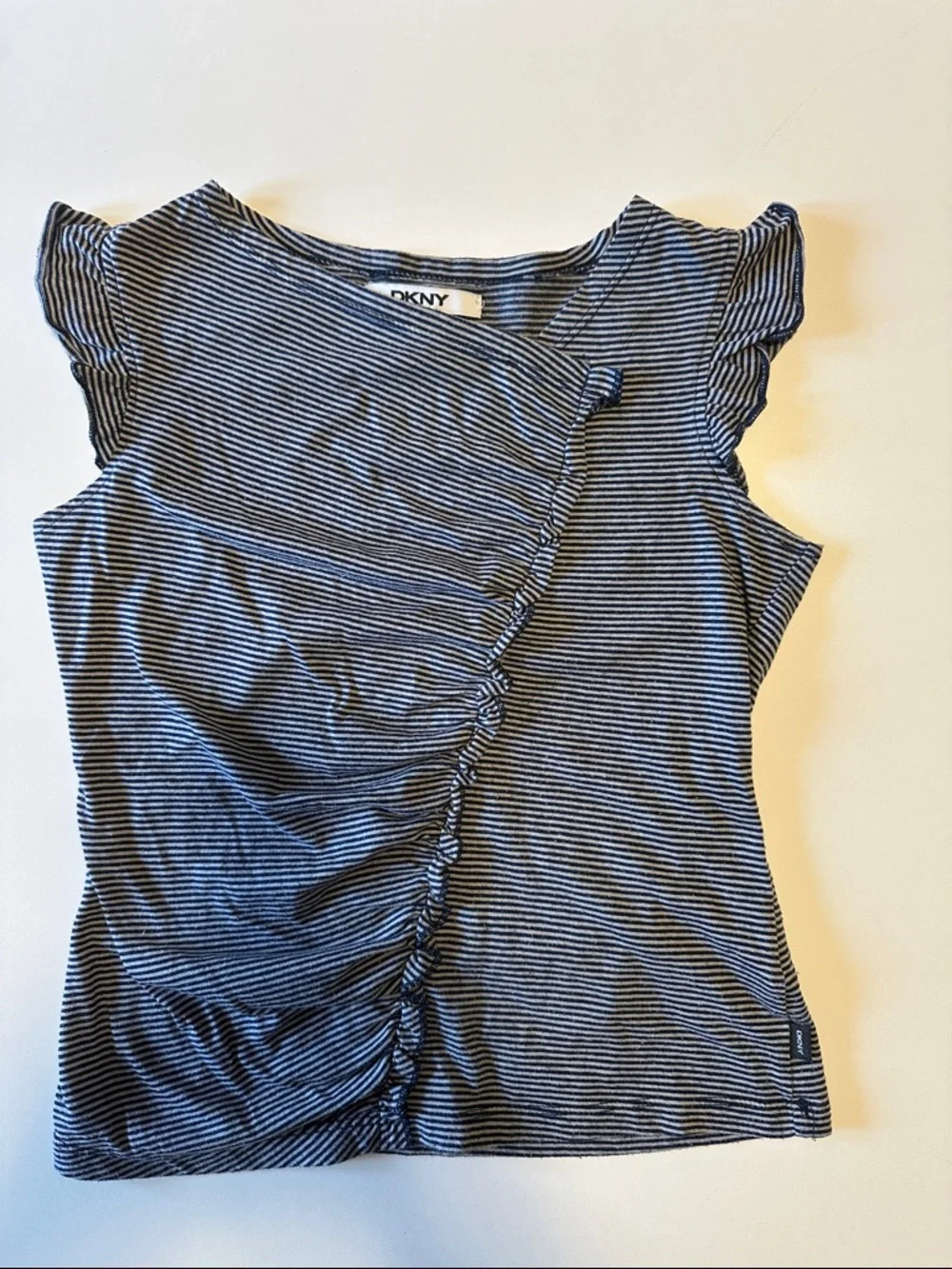 DKNY Navy and White Striped Ruffle Sleeve Tee