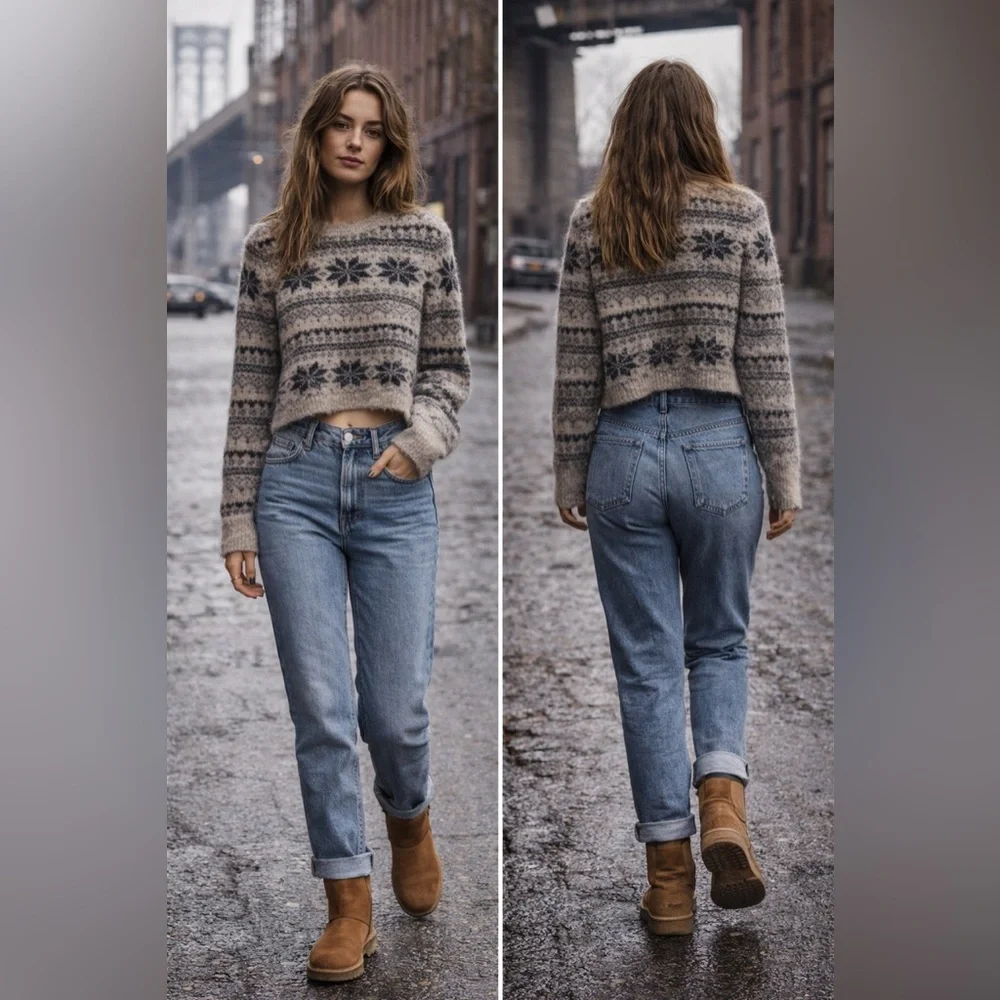 Free People one FP Fuzzy Sweater Small Cropped Nordic Snowflake Cozy Boho Cabin