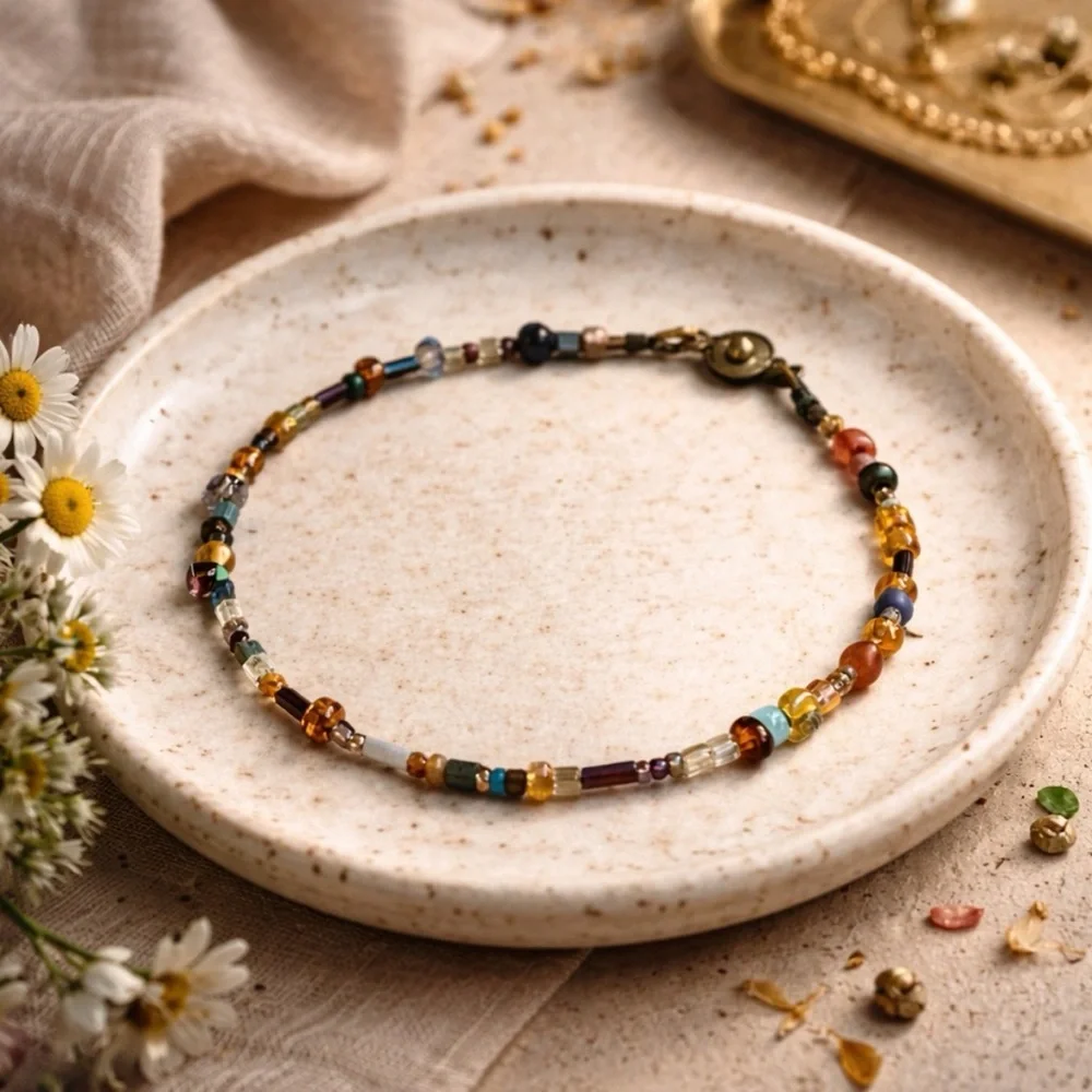 Vintage Artisan Mixed Glass Bead Necklace Boho Earth Tone Beadwork