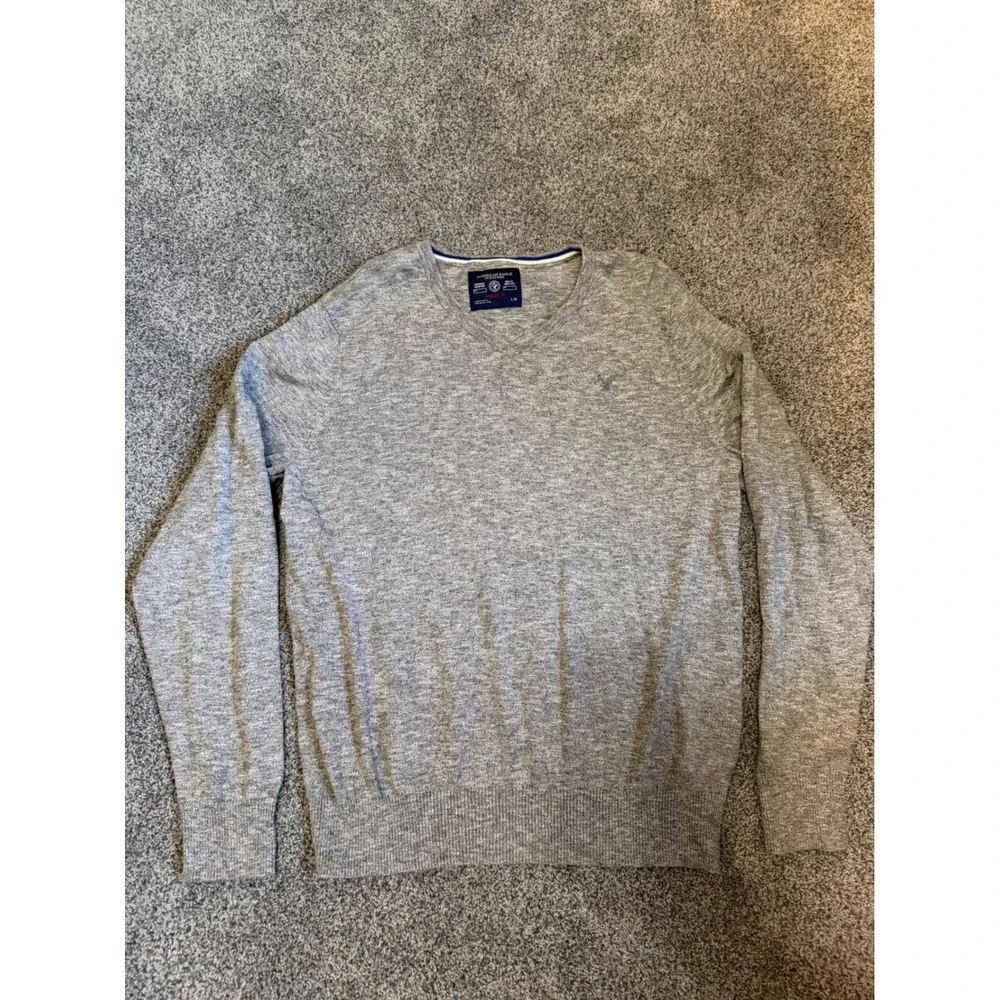 American Eagle Mens V-Neck Sweater Heather Gray Cotton Athletic Fit‎ Large L
