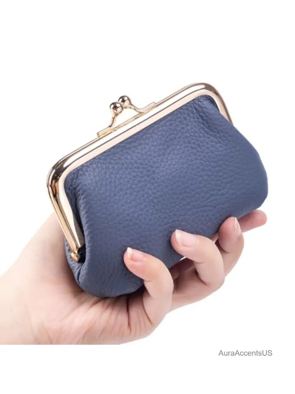 Genuine Leather Clip Coin Purse with Key Ring Mini Card Holder Wallet Kiss Lock