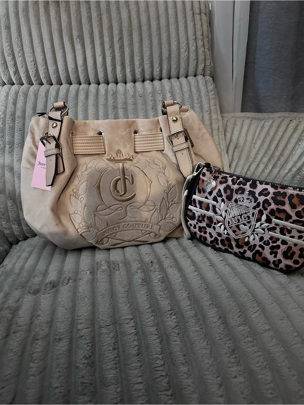 Juicy Couture Beige Suede Shoulder Bag with Leopard Wristlet