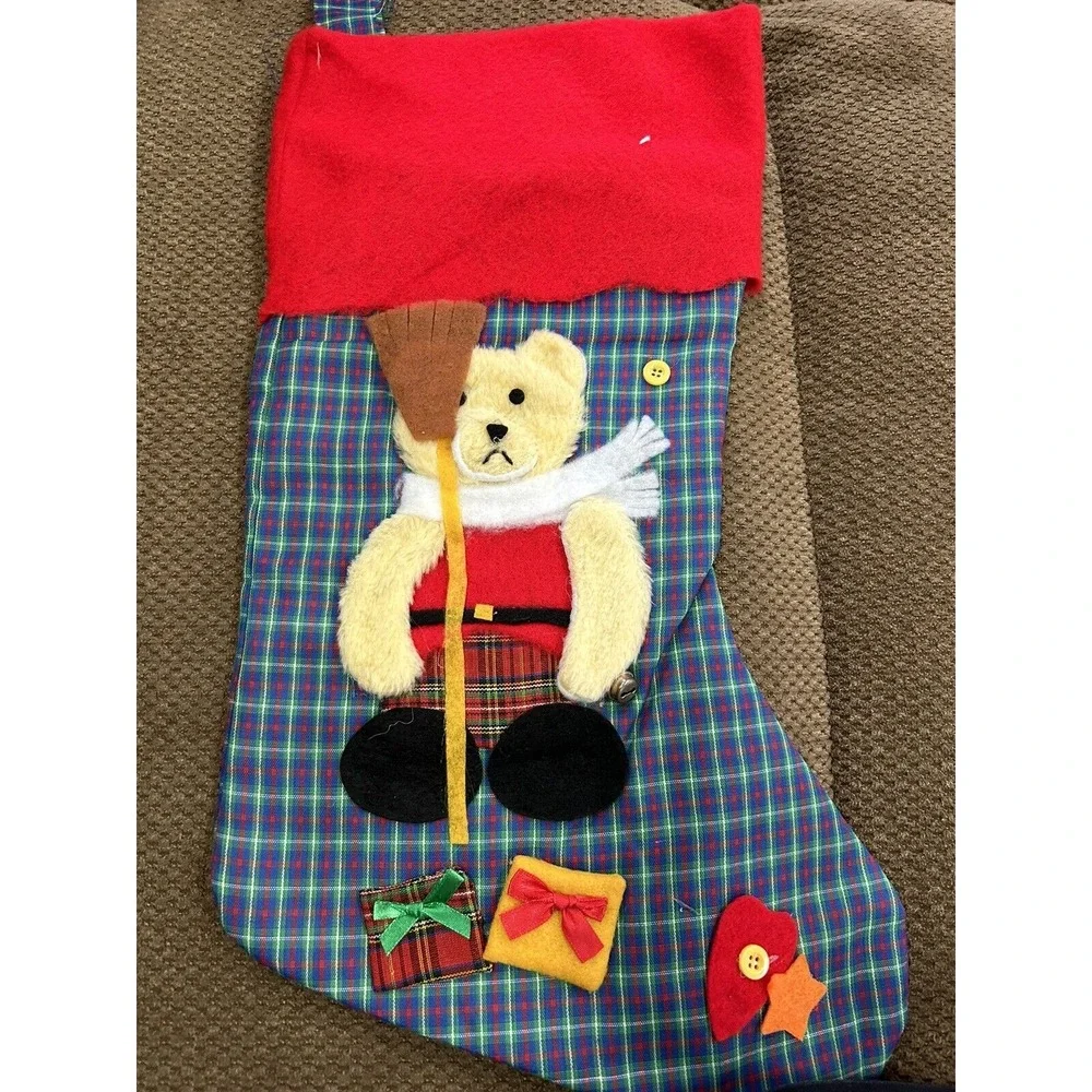 Christmas Holiday Stockings teddy bears Blue Red‎ Applique Felt Decor 3D