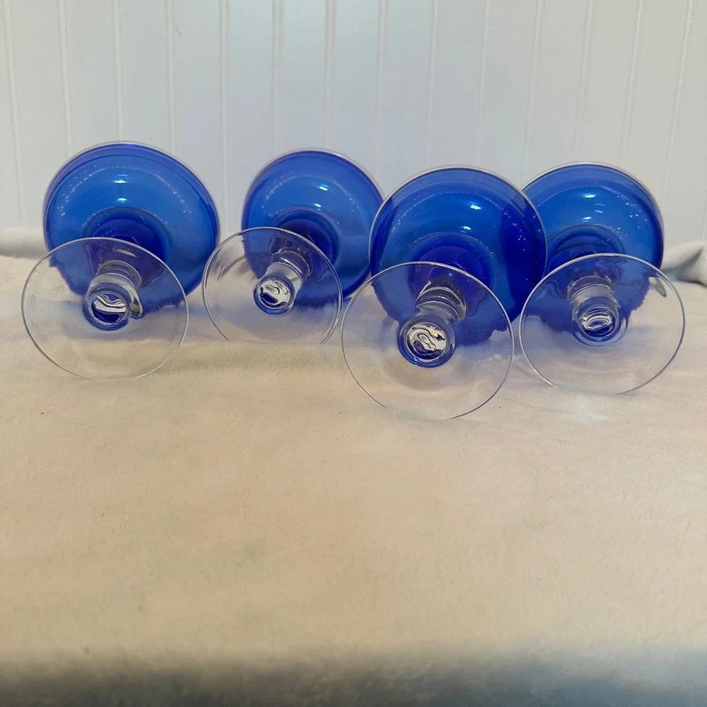 Vintage Margarita Glasses Set of 4 Cobalt Blue Clear Bubble Stem Excellent MCM