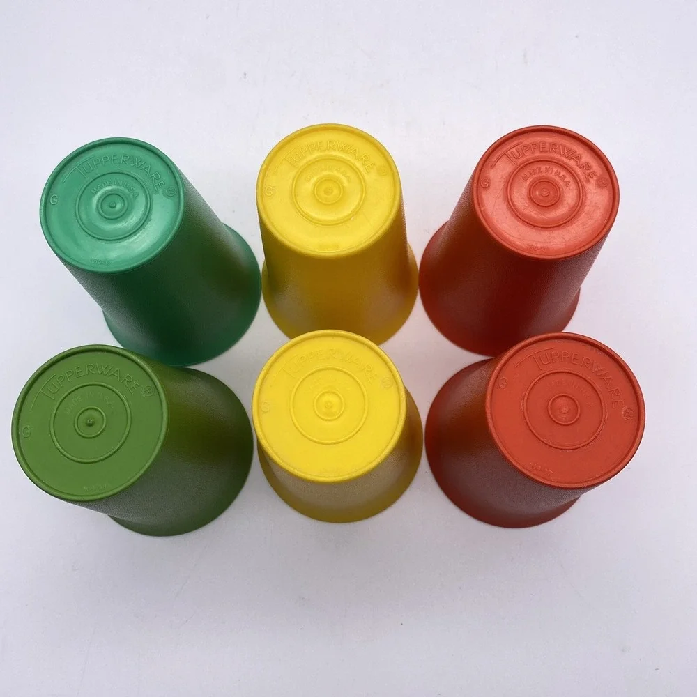 6 Vintage Tupperware Cups Tumblers #109-33,36,38,37. Red Green Yellow No Lids‎