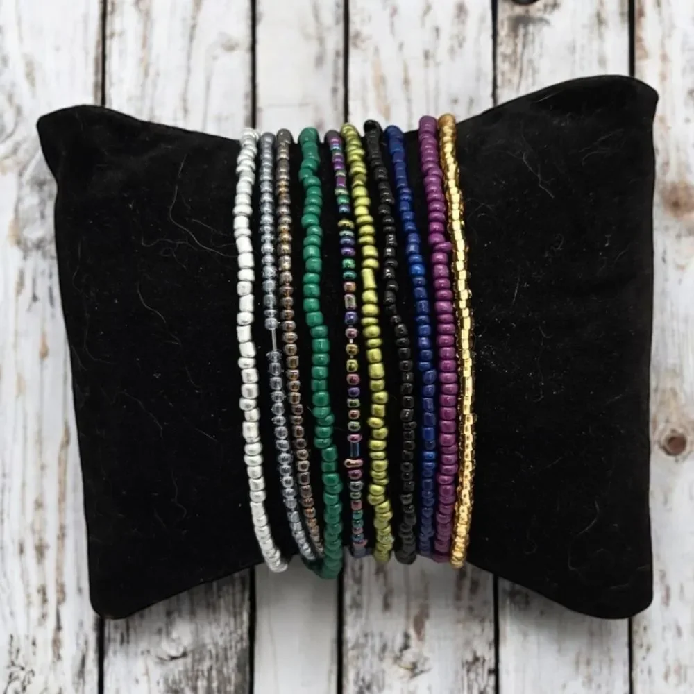 Mixed Metallic Seed Bead Bracelet Set 10 Pack Stretch Stacking Boho Jewelry Set