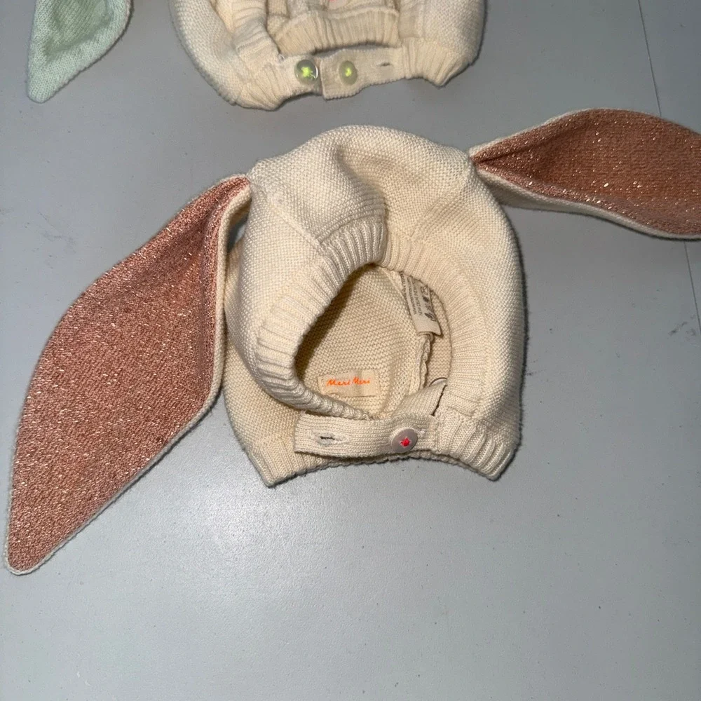 Meri Meri Kids Knit Bunny Bonnet Hat Lot of 2 Cream floppy  Ears photoshoot