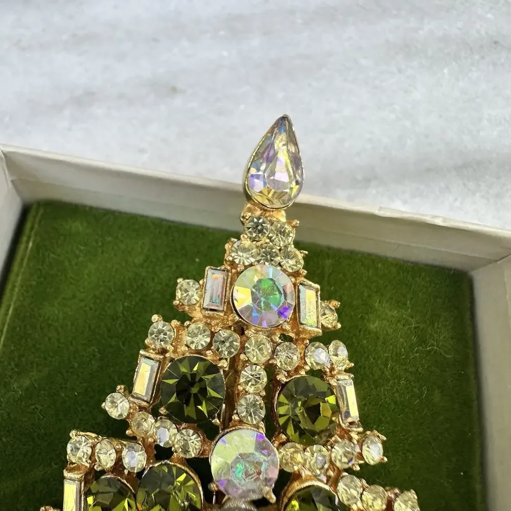 Vintage Christmas Tree Brooch Czech Style AB Rhinestones Olive Green Gold Tone