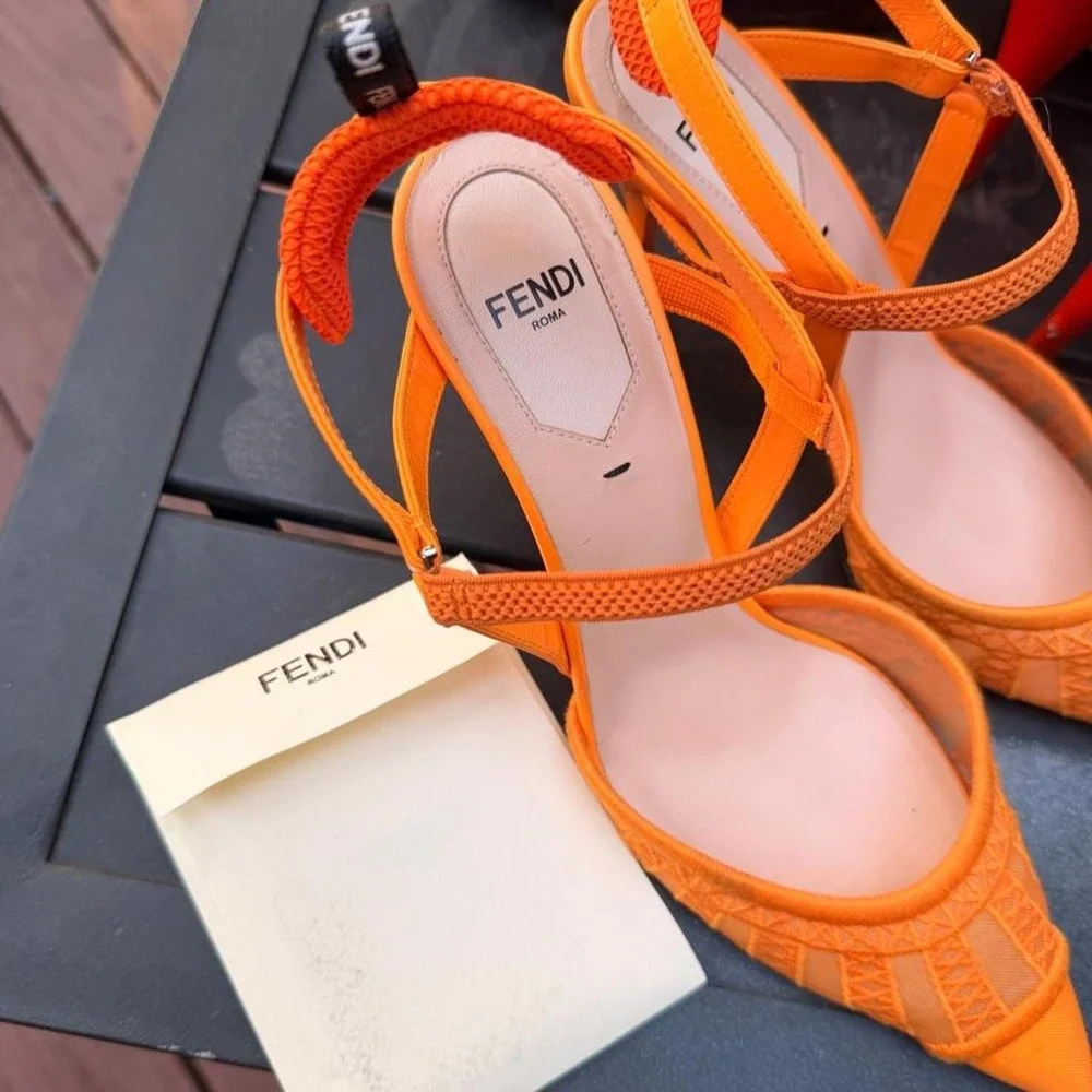 Fendi Colibri Orange Mesh Slingback Pumps Neon Pointed Toe Kitten Heels 36.5