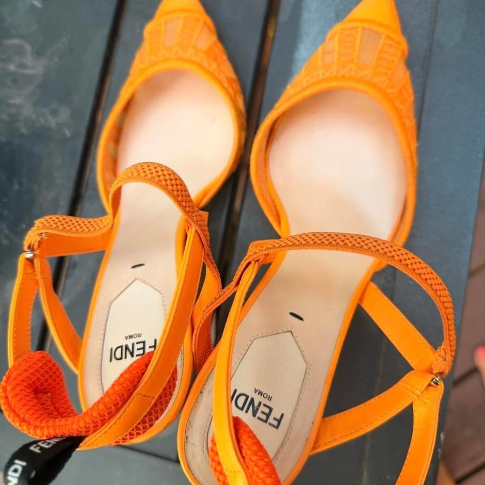 Fendi Colibri Orange Mesh Slingback Pumps Neon Pointed Toe Kitten Heels 36.5