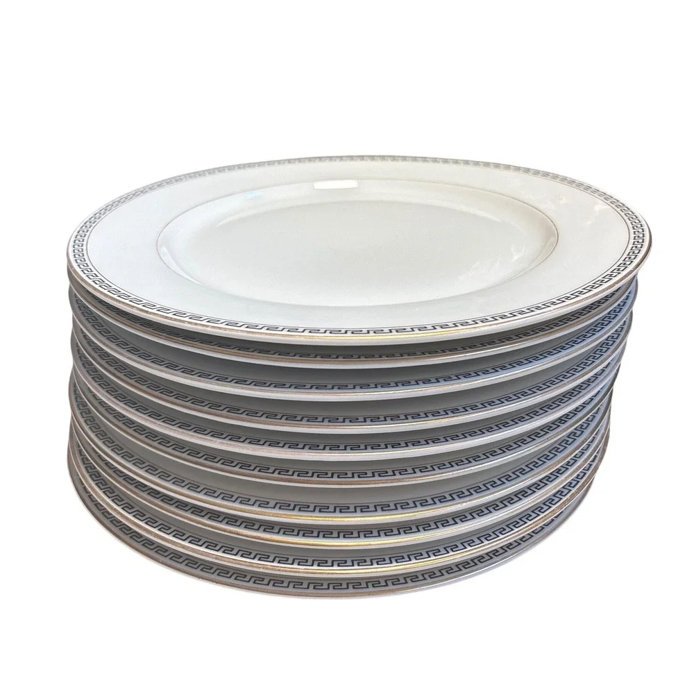 T&V Limoges France VINTAGE 10 Greek Key Dinner‎ Plates White Gold Black 10