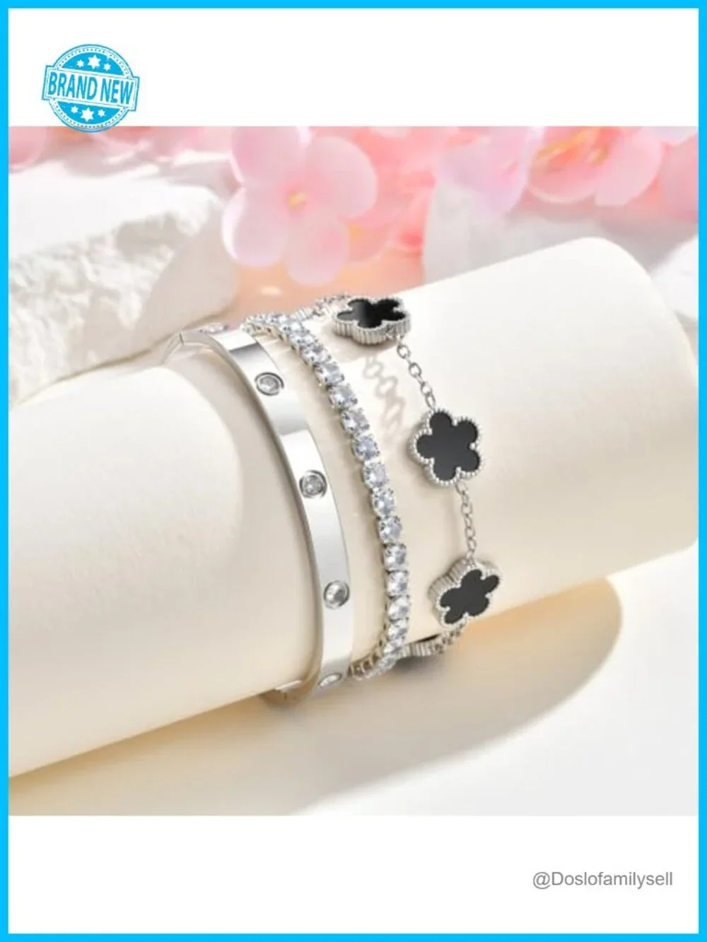 Stackable Floral Silver Bracelets - 3pc Stainless Steel Bangle Set Non Tarnish