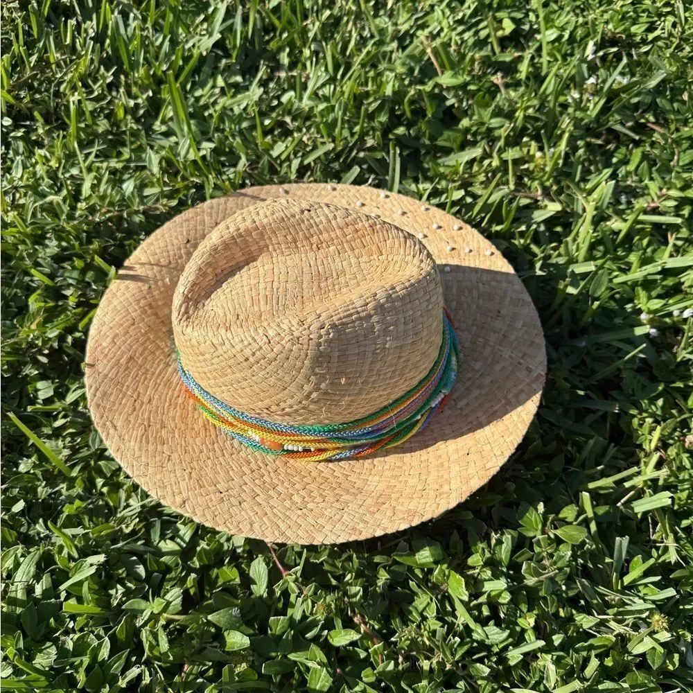 Beaded Straw Hat with Colorful Accents - BRAND NEW - Hand Beaded Summer Hat