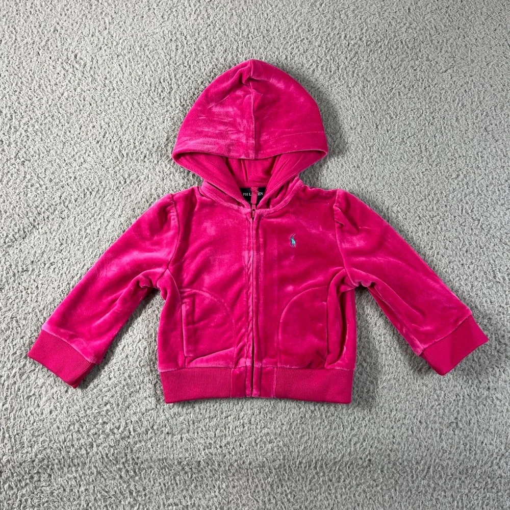 Ralph Lauren Tracksuit Girls 12M Pink Velour Zip‎ Hoodie and Pants Set Vintage