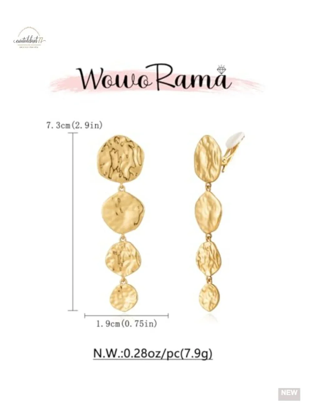 Chunky Clip On Earrings Hammered Gold Plated Dangle Clip On Earrings for Women